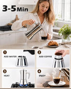 Stainless Steel Moka Pot 6 Cup 13 oz, All-Metal Stovetop Espresso Maker, Plastic-Free Non-Toxic, for Induction Gas Electric Ceramic Halogen, Portable Camping Travel - Image 6