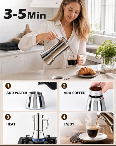 Stainless Steel Moka Pot 6 Cup 13 oz, All-Metal Stovetop Espresso Maker, Plastic-Free Non-Toxic, for Induction Gas Electric Ceramic Halogen, Portable Camping Travel - Image 6