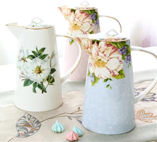 Water Pitcher 1200ML Water Pitcher with Lid and Handle Bone China Tea Kettle Vintage Water Jug Kitchen Cold Or Hot Beverages Coffee Juice Pot Water Jug(White) - Image 4