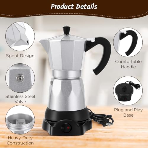 6 Cup Electric Espresso Coffee Maker 300ml Aluminum,Silver - Image 4