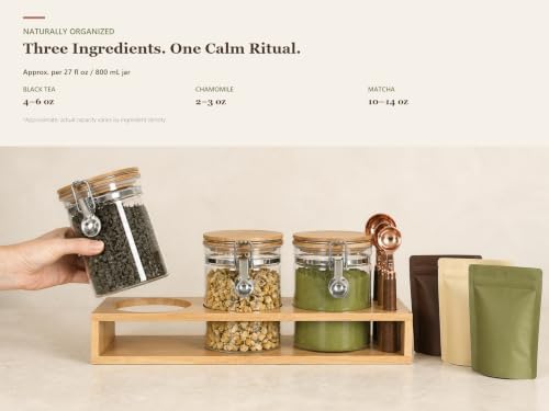 Airtight 27oz Glass Tea Jar Set with Bamboo Rack and Scoops, 3 Pack - Image 3