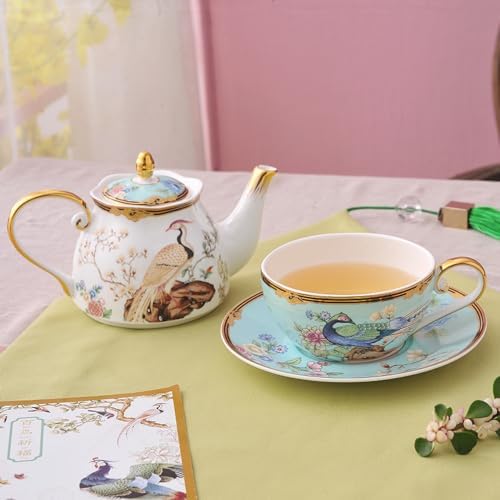 ACMLIFE Tea Set For One - Vintage Floral Bone China Tea Set for One Teapot fnd Cup Set, Bone China Teapot & Cup, 12 Oz, Blue and WhiteTea Set for Women for Gift(Light blue) - Image 2