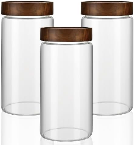 3 Pack 40 fl oz/1200 ml Clear Glass Storage Canister with Airtight Wooden Screw On Lid, Large Tall Decorative Glass Container Jar Set for Coffee, Nut, Tea, Candy, Cookie, Cereal, Sugar, Flour by MOLADRI