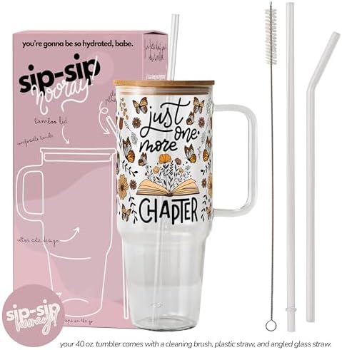 Sip-Sip Hooray! Just One More Chapter 40oz Glass Tumbler with Lid and Straw - Image 3