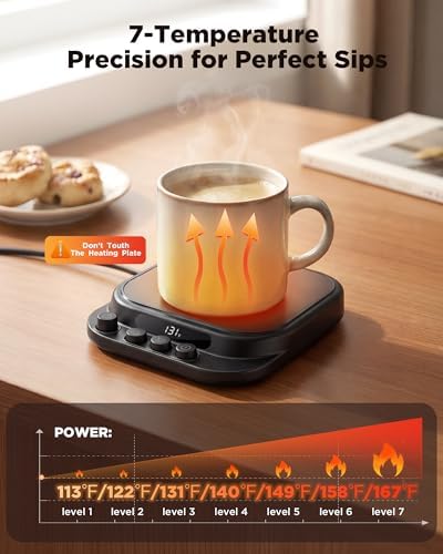 Coffee Mug Warmer for Desk with 7 Temperature Settings, 1–12 Hour Timer, Gravity Sensor and Auto Shutoff, Cup and Candle Warmer for Coffee, Tea and Milk, Black - Image 2