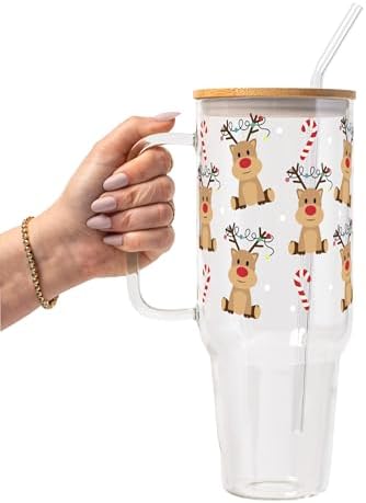 Sip-Sip Hooray! Christmas Reindeer Candy Cane 40oz Glass Tumbler with Lid and Straw, Iced Coffee Cup Holiday Gift by Sip-SipHooray
