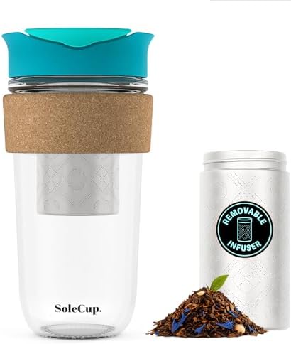 Large Travel Mug Loose Tea Infuser - Detachable Tea Strainer with Spill Proof Lid - 18oz/530ml BPA-Free Reusable Glass Travel Coffee Cup with Cork Band (Blue, 18oz) by SoleCup