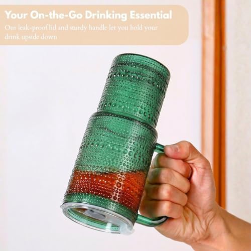 20 oz Green Glass Tumbler with Lid and Straw, Glass Iced Coffee Cups, Spill-proof Glasses Tumbler with Handle, Glasses Drinking Set of 4, Vintage Glassware for Cocktail, Smoothies - Image 5