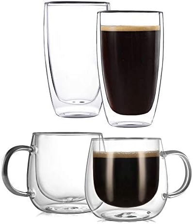 CNGLASS 10oz(2-pack) Double Wall Coffee Glass Mugs and 13.5oz(2-pack) Glass Cups by CNGLASS