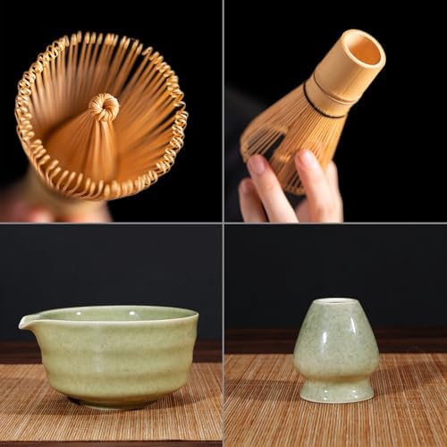 4PCS Matcha Tea Whisk Set, Tea Steeper Stirring Matcha Kits, Handmade from 100% Natural Bamboo Matcha Whisk (Chasen), Ceramic Matcha Bowl with Spout, Ceramic Whisk Holder, Scoop - Image 3