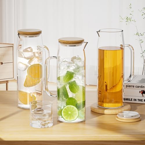 3 Sets Glass Pitcher with Lid, 50 oz / 1500 ml Water Carafe with Handles Hot Cold Beverage Water Jar Glass Jug (Bamboo lid) - Image 6