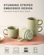 HASENSE Ceramic Coffee Mugs Set of 4 with Rack - 15 oz Stackable Large Porcelain Ribbed Latte Cup Set for Cappuccino, Tea, Hot Cocoa, Drinks - Dishwasher & Microwave Safe, Sage Green - Image 3