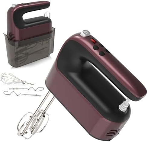 Yomelo 9-Speed Digital Hand Mixer Electric, 400W Powerful DC Motor, Hand Mixer Electric Handheld with Snap-On Storage Case, 5 Stainless Steel Accessories, Beaters, Dough Hooks, Whisk(Grape Purple) by Yomelo