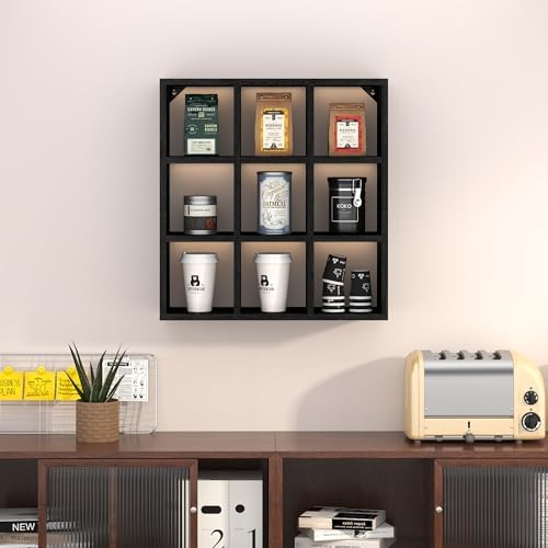 Helsin 9 Grid Vintage Coffee Mug Display Rack, 16inch Wall Mounted Wooden Curio Shadow Box Shelf, Cup Floating Shelves Display and Organizer (Black) - Image 2