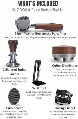 Espresso Tools Kit for Breville 54mm Machines – Walnut Handle Naked Portafilter, Spring Tamper, Coffee Leveler, Dosing Ring, Puck Screen & WDT Needle Tool - Image 2