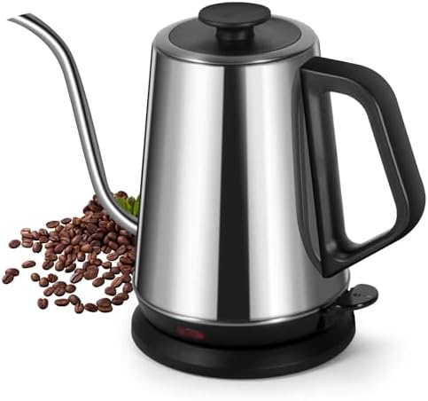 1L Electric Gooseneck Kettle, Tea Kettle for Boiling Water, Gooseneck Electric Kettle for Coffee & Tea, Fast Boiling for Pour Over, Auto Shut-Off, Boil-Dry Protection, 360° Rotational Base - Silver - Image 4