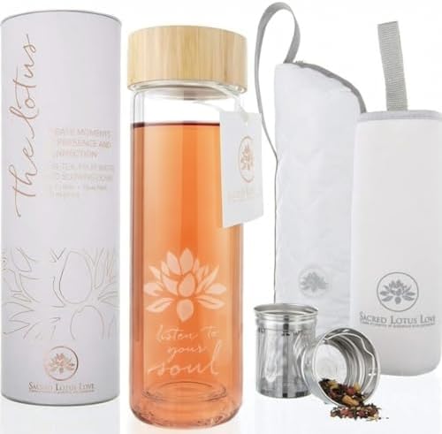 Sacred Lotus Love Double-Walled Glass Tea Tumbler with Infuser and Strainer 15oz - Perfect for Loose Leaf Tea, Cold or Hot Water Bottle, Fruit Drinks - Comes with Travel Sleeve and Cozy by SacredLotusLove