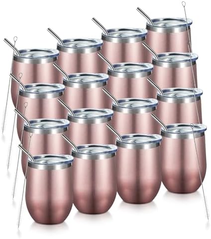COMOOO Rose Gold Stainless Steel Wine Tumbler Bulk with Lid and Straw 12oz Double Wall Vacuum Insulated Travel Tumbler Cup for Coffee Wine Cocktails Ice Cream Cup Rose Gold, 16 pack by COMOOO