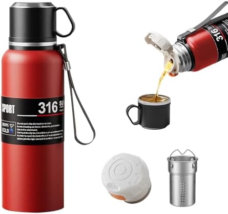 Upgrade 3in1 Water Bottles with Travel Mug Coffee Cup Cap, Tea Infuser,Carrying Loop,Thermal Wide Mouth Bottle, Vacuum Insulated 316 Stainless Steel Flask Leak Proof,BPA-Free (red, 1980ml) by Unknown