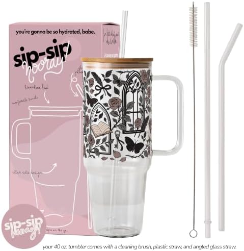 Sip-Sip Hooray! Dark Academia 40oz Glass Tumbler with Lid and Straw, Bookish Gothic Roses Books Gift for Book Lovers, Reader Iced Coffee Cup - Image 2