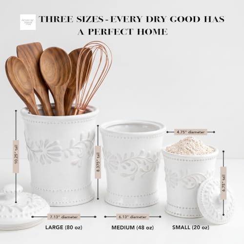 American Atelier Bianca Leaf Canister Set 3-Piece Ceramic Jars in 20oz, 48oz and 80oz Chic Design With Lids for Cookies, Candy, Coffee, Flour, Sugar, Rice, Pasta, Cereal & More, 7x10.25, White - Image 3