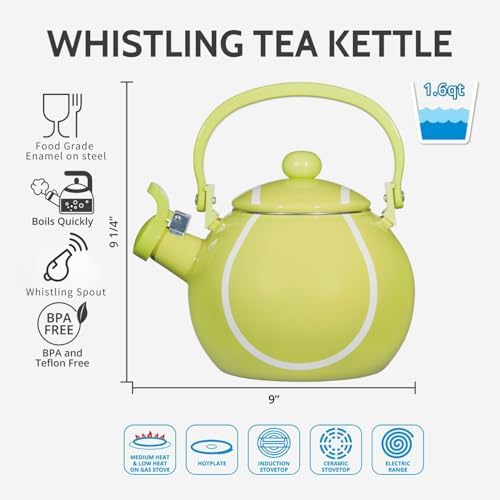 Whistling Tea Kettle for Stove Top Enamel on Steel Teakettle, Supreme Housewares Tennis Design Teapot Water Kettle Cute Kitchen Accessories Teteras (1.6 Quart, Tennis) - Image 3