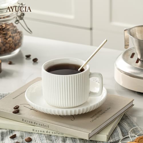 5 Ounce Espresso Cups Set of 4, Small Coffee Cups with Saucers and Spoons, White Cream Ceramic Demitasse Espresso Mugs - Image 7