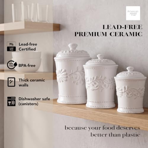 American Atelier Bianca Leaf Canister Set 3-Piece Ceramic Jars in 20oz, 48oz and 80oz Chic Design With Lids for Cookies, Candy, Coffee, Flour, Sugar, Rice, Pasta, Cereal & More, 7x10.25, White - Image 4