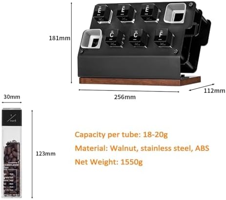 Coffee Bean Storage Tubes, Clear Airtight Coffee Canisters, Wooden Display Stand, with 6 Tubes and 2 Hoppers, Single Tube Capacity 18-20g, for Tea, Coffee, Spices Containers - Image 5