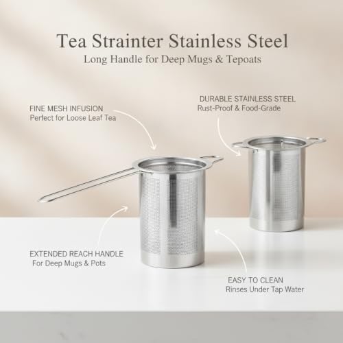 Stainless Steel Tea Strainer with Long Handle, Fine Mesh Loose Leaf Infuser for Deep Mugs and Teapots (1 Piece) - Image 5