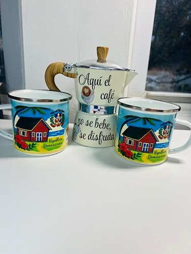 Dominican Republic Stovetop Espresso Maker with 2 Enamel Mugs, White, 11 oz, República Dominicana Theme Coffee Set - Image 3