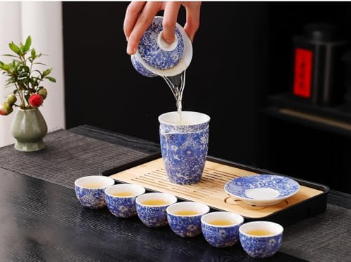 Chinese Tea Set, Gongfu Tea Sets for Adults, Japanese Tea Set, Asian Gaiwan Tea set, Portable Teaset for Home, Outdoor, Office Gifts (Flower Gaiwan 6cups) - Image 6