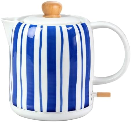 Hand-Painted Blue Striped Ceramic Electric Kettle 1.0L - 1000W Fast Boil with Wooden Lid, Auto Shut-Off & Boil-Dry Protection for Coffee and Tea by LongSeed