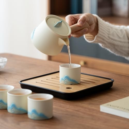Portable Chinese Tea Set with Carry Bag - White Complete Gongfu Teapot Set Includes Side Handle, 4 White Cups,Tea Tray & Strainer, Artistic Travel Teapot Kit for Camping, Office, Home & Gifts - Image 6