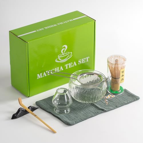 DWEHIXBUY Japanese Tea Set (7pcs) Matcha Whisk Set Matcha Bowl with Pouring Spout Bamboo Matcha Whisk (chasen) Scoop (chashaku) Matcha Whisk Holder Tea Making Kit. WHITE GLASS by DWEHIXBUY