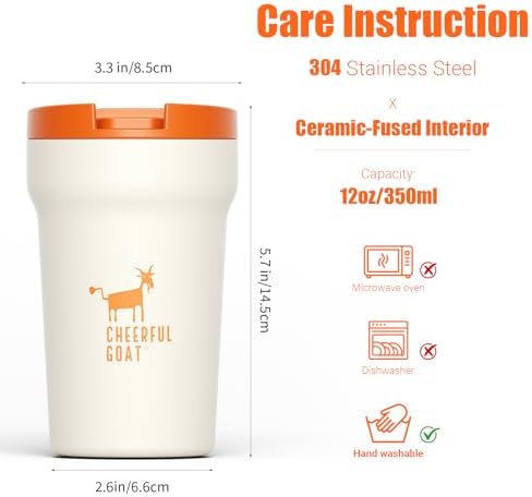 CHEERFUL GOAT Ceramic Lined Coffee Mug – Stainless Steel Travel insulated Tumbler with Ceramic Liner, with lid, 12oz Leak proof Cup for Hot and Cold Water Coffee at Home, Office (white) - Image 2