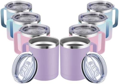 MEWAY 12oz Coffee Mug With Handle 8 Pack Bulk,Stainless Steel Insulated Travel Tumblers With Sliding Lid,Double Wall Vacuum Camping Cup for Hot & Cold Drinks Tea (Bubble Gum&Blue Waves,Set of 8) by MEWAY