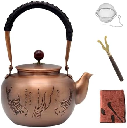 44oz SECHUDO Exquisite Pure Copper Teapot without Coating, Copper Tea Kettle with Tea Ball for Loose Tea, Chinese Style Classic Tea Pot for Stovetop Safe, Fish Pattern(1300ml) by SECHUDO