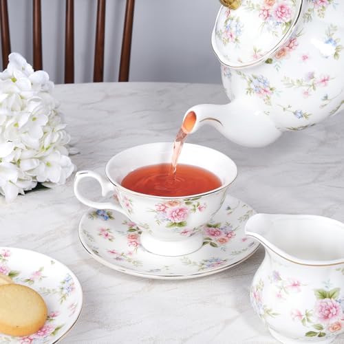 fanquare 21 Piece Vintage Pink Blue Floral Porcelain Tea Set with Gold Trim - Image 4