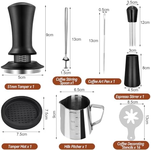 22 PCS Espresso Accessories, 51mm Coffee Espresso Tamper Set, with Espresso Tamper, WDT Tool, Coffee Stirrer, Frothing Pitcher, Latte Art Pen, Tamper Mat, Coffee Stencils for Espresso Machine - Image 6