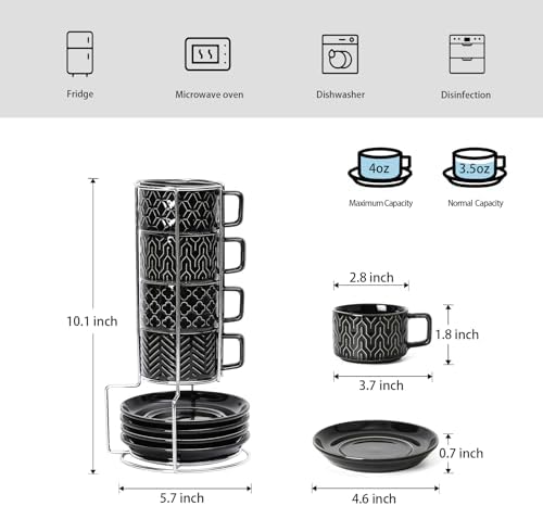 4oz Ceramic Espresso Cups Set of 4, with Stand and Saucers, Black - Image 3