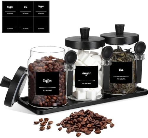 Suclain 3 Pcs Glass Coffee Container Set, 20 oz, Black Bamboo by Suclain