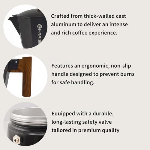 Stovetop Espresso Moka Pot Coffee Maker, Non-slip Wood Grain Handle, Cast Aluminum, Compatible with Gas, and Electric Stoves (Black, 12 cups) - Image 4