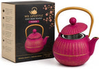 WD Lifestyle Cast Iron Teapot, Fuchsia, Japanese Style Tea Kettle with Stainless Steel Infuser, Enameled Interior, Ergonomic Gold Handle, Heavy Duty Tetsubin Tea Pot for Loose Leaf Tea 16 Oz by WDLifestyle
