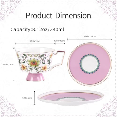 KAMMAK Ceramic Coffee Cups Saucers Set of 2, Porcelain Espresso Cups with Saucers, 8.12 oz Handcrafted Elegant Bone China Tea Cups, Lotus Floral Pattern Teacup for Party, Office, Women Gift - Image 2