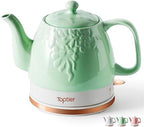 Toptier Electric Ceramic Tea Kettle, Boil Water Quickly and Easily, Detachable Swivel Base & Boil Dry Protection, Carefree Auto Shut Off, 1 L, Green Leaf by toptier