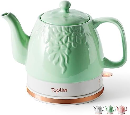 Toptier Electric Ceramic Tea Kettle, Boil Water Quickly and Easily, Detachable Swivel Base & Boil Dry Protection, Carefree Auto Shut Off, 1 L, Green Leaf by toptier