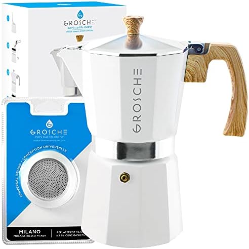 GROSCHE Milano Stovetop Espresso Maker Moka pot 9 espresso Cup - 15.2 oz, White and 3 Replacement Seals Gaskets Bundle Stove top coffee maker Moka Italian espresso coffee maker and replacement gaskets by GROSCHE