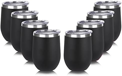 DOMICARE Stainless Steel Wine Tumbler Bulk with Lid, Personalized Insulated Tumblers Set, 12oz Travel Coffee Cups Pack of 8, Black by VisittheDOMICARE