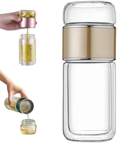 3-in-1 Smart Tea Infuser Bottle, Double Wall Glass Tea Cup with Removable Strainer, Leak-Proof Portable Loose Leaf Tea Maker, Separation Design for Office, Travel & Home (Golden, 350ML) by Unknown